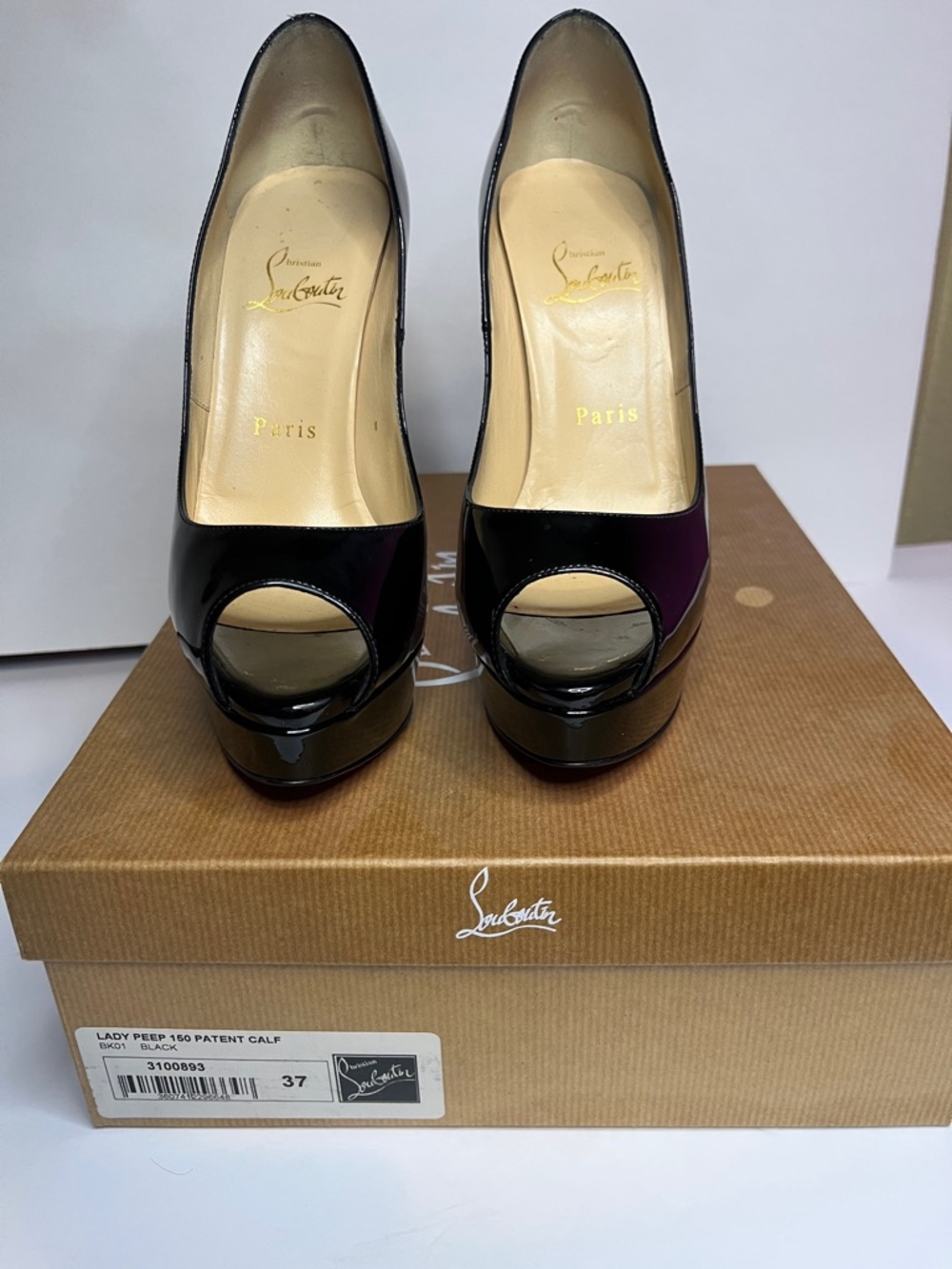 SZ 37 Christian Louboutin Black Patent Leather Peep-Toe Platform Pumps